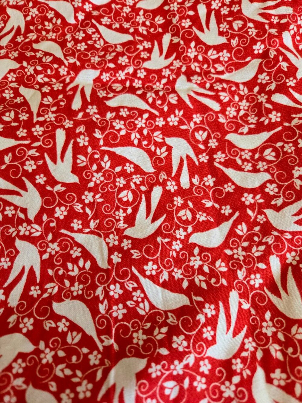 Sewing Fabric Red White Birds Flowers Sewing Craft Project